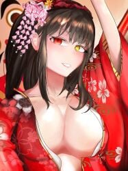 2d 2d_(artwork) ass black_hair breasts cleavage date_a_live heterochromia kimono light-skinned_female long_hair looking_at_viewer open_clothes red_eyes thighs tokisaki_kurumi upper_body