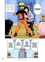 1boys 1girls after_sex black_hair blonde_hair caught comic comic_page end_page english english_dialogue english_text happy hyuuga_hinata inuzuka_kiba kiba_inuzuka long_hair naruho naruto naruto_(series) sakura_haruno text translated uzumaki_naruto