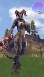 1girls 2019 3d anthro bethesda_softworks big_breasts big_feet breasts claws day deathclaw eye_contact fallout feet female female_deathclaw field hi_res horn looking_at_viewer original_character purple_eyes red_rocket reptile scalie sky solo source_request standing thatdoggolinkie thick_thighs video_games watermark wide_hips