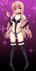 blush bondage_outfit clothing dominatrix high_heels leather leather_suit louise_francoise_le_blanc_de_la_valliere mistress sen_(sansui) small_breasts smile stockings thighhighs whip zero_no_tsukaima