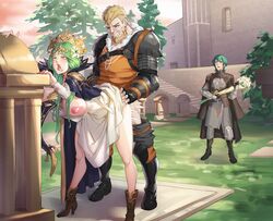 1boy1girl 1girls 2boys ahe_gao angry angry_sex beard blonde_hair breast_outside breasts byleth_(fire_emblem) byleth_(fire_emblem)_(male) caught_in_the_act clothed cuckquean father_and_son fire_emblem fire_emblem:_three_houses flowers from_behind graveyard green_eyes green_hair jeralt_reus_eisner large_breasts little_kitten_(artist) nabatean_(fire_emblem) nintendo nipples ntr orgasm outdoor_sex outside pants_down rhea_(fire_emblem) shocked standing_sex vaginal_penetration