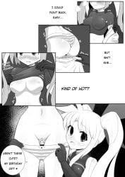 1futa 2girls bodysuit comic fate_testarossa female futa_on_female futanari imminent_sex magical_girl magical_girl_outfit mahou_shoujo_lyrical_nanoha mahou_shoujo_lyrical_nanoha_strikers manga manga_page monochrome onion_jigoku original_character pussy_juice_drip self_upload takamachi_nanoha taking_clothes_off wasp_girl_(onion_jigoku)