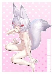 absurdres agemmata animal_ear_fluff animal_ears arm_support barefoot between_legs blush bob_cut breasts character_name completely_nude dripping female female_pubic_hair fox_ears fox_girl fox_tail full_body hair_ornament heart heart_hair_ornament highres large_tail looking_at_viewer navel nipples nude open_mouth phase_connect pink_eyes pubic_hair short_eyebrows short_hair sitting small_breasts solo tail tenma_maemi thick_eyebrows virtual_youtuber wariza wet white_hair white_pubic_hair white_tail