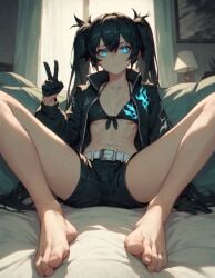 1girls ai_generated bikini_top black_rock_shooter black_rock_shooter_(character) flat_chest foot_fetish gloves peace_sign rtxfus rtxfus34 shorts spread_legs toes twintails