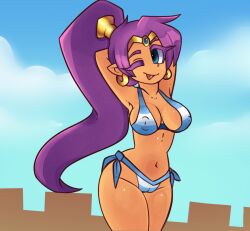 1girls arabian big_breasts big_thighs bikini blue_eyes cheerful female female_only happy lewdratus purple_hair shantae shantae:_half-genie_hero shantae_(character) shantae_and_the_pirate's_curse solo tan_body tan_skin valerednsfw