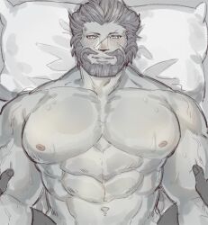 2boys abs avatar_(ff14) bara beard blush colored_skin completely_nude facial_hair final_fantasy final_fantasy_xiv grey_hair grey_skin highres implied_anal implied_sex large_pectorals lying male_focus male_only mature_male moustache multiple_boys muscular muscular_male navel nipples nude on_back on_bed pectorals pillow pov pov_hands roegadyn scar scar_on_face scar_on_nose short_hair smile solo_male stomach uori yaoi