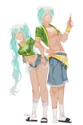 1boy 1girls aqua_eyes aqua_hair artist_name artist_signature black_footwear blue_eyebrows blue_shorts brazil brazilian brazilian_female brazilian_miku breasts dual_persona eyebrows eyelashes eyelashes_visible_through_hair genderswap_(ftm) green_shirt hair_over_one_eye hand_up hatsune_miku latin_american_hatsune_miku_(meme) long_hair looking_at_viewer medium_breasts midriff mikuo_hatsune navel print_shirt rule_63 sandals shirt short_hair short_shorts short_sleeves shorts simple_background sysunce tan tanlines tied_shirt tongue tongue_out twitter_link very_long_hair vocaloid white_background white_footwear