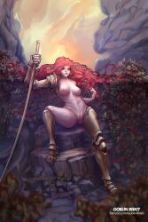 1girls armor armored_arm beautiful_background breasts elden_ring female goblinbiskit leg_armor long_hair long_hair_female malenia_blade_of_miquella naked naked_female nude nude_female pinup posing pussy red_hair solo solo_female sword tagme vagina