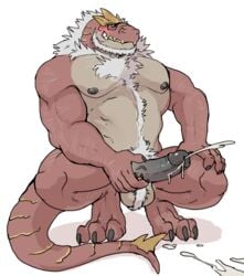 1boy 2019 3_toes 5_fingers anthro anthrofied bara beard biceps big_belly big_feet big_hands big_penis big_testicles blush bodily_fluids boner brown_skin chubby digital_media_(artwork) dinosaur erection excessive_cum feet fur genital_fluids glasses grin hair hairy half-closed_eyes hand_on_leg hi_res humanoid_penis hyenaface large_penis large_testicles long_penis looking_away male male_only masturbation moobs muscular muscular_male nintendo nipples nude original_character pecs penis pokémon_(species) pokémorph pokemon pokemon_xy pubic_hair red_skin reptile scalie simple_background smile solo squatting tail teeth testicles theropod tyrantrum veins veiny_penis video_games white_background white_fur