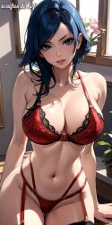 ai_generated big_breasts blue_eyes blue_hair elisabeth_blanctorche female king_of_fighters light-skinned_female light_skin lingerie pale_skin panties red_panties room short_hair solo window