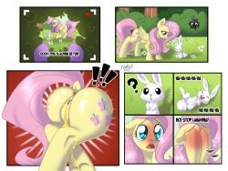 angel_(mlp) blush bodily_fluids camera comic crying equid equine female feral fluttershy_(mlp) forest friendship_is_magic genital_fluids genitals grass group hasbro hi_res horse humiliation ki'jo_hyena lagomorph leporid magic male male/female mammal my_little_pony omorashi peeing plant pony prank pussy rabbit shrub tears tree trio twilight_sparkle_(mlp) urine watersports wet wetting