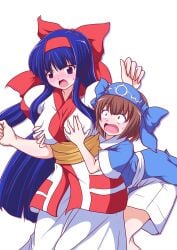 2girls ainu_clothes big_breasts blue_eyes blue_hair blush breast_awe breast_envy breast_grab breasts brown_eyes brown_hair busty female female_only fingerless_gloves gloves grabbing_from_behind groping hair_ribbon highres large_breasts legs long_hair multiple_girls nakoruru open_mouth pants ribbon rimururu samurai_shodown shorts siblings sisters snk surprised sweatdrop thighs very_long_hair wide-eyed