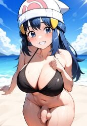 1futa ai_generated beach black_bikini blue_hair dawn_(pokemon) flaccid futa_only futanari no_panties pokemon small_penis smiling thedawn_hikari