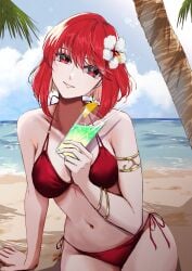 1girls alternate_costume beach bikini blue_sky breasts cleavage closed_mouth cloud collarbone cup female female_only fire_emblem fire_emblem:_mystery_of_the_emblem flower hair_flower hair_ornament head_tilt highres holding holding_cup lips medium_breasts minerva_(fire_emblem) navel nintendo ocean outdoors palm_tree pink_lips red_bikini red_hair red_swimsuit sand shadow short_hair sky smile solo stomach swimsuit tree white_flower yori_ilrosso