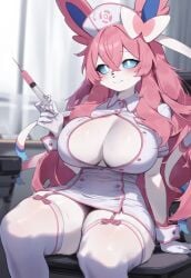 ai_generated bare_legs big_breasts blue_eyes eeveelution fur furry furry_female furry_only game_freak garter_belt half_ringo huge_breasts huge_thighs long_hair massive_breasts nintendo nurse nurse_uniform pink_hair pokemon pokemon_(species) sylveon thick_thighs thighs voluptuous voluptuous_female