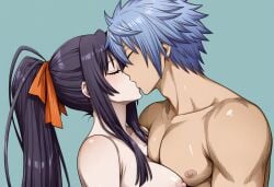 ai_generated akeno_himejima black_hair blue_hair crossover fairy_tail high_school_dxd jellal_fernandes kissing naked nipples