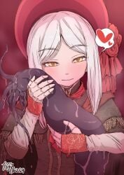 amber_eyes bloodborne blush clothed clothing female hat hokufusya hunter_(bloodborne) plain_doll purple_tentacles red_hat smile tentacle tentacle_grab white_hair