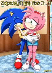 1boy 1girls amy_rose blue_fur blue_hair bra comic female green_eyes hug hug_from_behind hugging hugging_from_behind male mobius_unleashed palcomix pink_fur pink_hair shorts sonic_(series) sonic_the_hedgehog top
