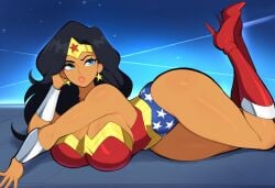 ai_generated amazon amazonian dc dc_comics female large_breasts lipstick looking_at_viewer lying lying_on_side mullon novelai seductive superheroine tan_skin thick_thighs wonder_woman wonder_woman_(series)