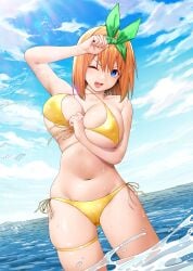 ;d absurdres bikini blue_eyes blue_sky breasts criss-cross_halter female front-tie_bikini_top front-tie_top go-toubun_no_hanayome green_ribbons hair_between_eyes halterneck highres kosmos_beta large_breasts looking_at_viewer medium_hair nakano_yotsuba navel ocean one_eye_closed open_mouth orange_hair outdoors ribbon side-tie_bikini_bottom sky smile solo swimsuit thigh_strap wading yellow_bikini