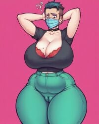 ai_generated borednlonely cleavage curvy large_breasts male_head/female_body rule_63 thick_thighs wide_hips