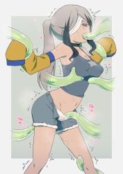 1girls black_choker black_hair breasts choker cleavage covered_nipples detached_sleeves fukami_asase grey_eyes grey_hair grey_shorts grey_tank_top long_hair medium_breasts midriff multicolored_hair mv_character navel nipples_visible_through_clothing nira-chan open_fly short_shorts shorts streaked_hair tank_top tentacle tentacle_rape twintails two-tone_hair yellow_sleeves zutomayo