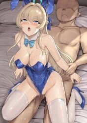 1boy 1girls animal_ears bare_shoulders blonde_hair blue_archive blue_eyes blue_leotard blush bow bowtie braid breasts cleaning_&_clearing_(blue_archive) cleavage clothes_pull cowgirl_position detached_collar fake_animal_ears female hakaba_(dairiseki) halo high_heels highleg highleg_leotard highres leotard light-skinned_female light-skinned_male light_skin long_hair male medium_breasts millennium_science_school_student playboy_bunny rabbit_ears reverse_cowgirl_position sex sex_from_behind straddling straight thighhighs toki_(blue_archive) toki_(bunny)_(blue_archive) white_thighhighs wrist_cuffs