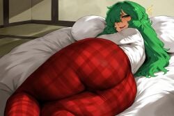 1girls ai_generated ass ass_focus blush booty curvy feet_out_of_frame green_eyes green_hair hair_over_one_eye indoors large_ass long_hair looking_at_viewer looking_back nai_diffusion naughty_face ohhai223 on_side one_eye_covered open_mouth pillow plaid_pants self_upload solo teasing touhou touhou_(pc-98) yuka_kazami yuuka_kazami