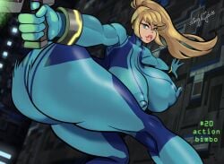 big_ass big_breasts bimbo blonde_hair busty cheekynuttybuns curvy female fully_clothed green_eyes metroid nintendo nipples samus_aran tight_clothing voluptuous voluptuous_female