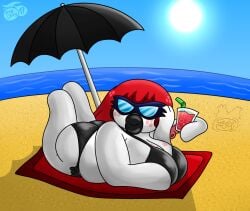 1girls anthro beach big_lips bikini black_lipstick cherry_(vrrychrry17) large_ass large_breasts red_hair sunglasses umbrella vrrychrry17 watermark white_skin