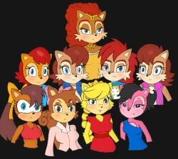 "anti_sally"_alicia_acorn anthro archie_comics blue_eyes blush brown_body brown_fur brown_hair chipmunk clothed clothing don'tcare4u female fleetway_comics fur ground_squirrel group hair looking_at_viewer mammal princess_sally_acorn queen_alicia_acorn rodent sal-ugh sally_acorn sally_acorn_(concept) sally_acorn_(fleetway) sciurid sega sonic_(series) sonic_the_comic sonic_the_hedgehog_(archie) sonic_the_hedgehog_(comics) sonic_the_hedgehog_(series) sonic_x-treme tiara_boobowski topwear tree_squirrel vest