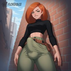 1futa ai_generated alley belt bulge covered_penis crop_top erect_penis erection erection_under_clothes erection_under_clothing flordulce futa_only futa_sans_pussy futanari green_eyes huge_cock kim_possible kimberly_ann_possible long_hair midriff orange_hair outdoors pants penis seductive seductive_look seductive_smile solo_futa standing turtleneck