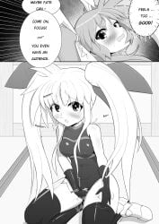 1futa 1girls bodysuit comic fate_testarossa female futa_on_female futanari magical_girl magical_girl_outfit mahou_shoujo_lyrical_nanoha mahou_shoujo_lyrical_nanoha_strikers manga manga_page masturbation_through_clothing monochrome ntr onion_jigoku original_character self_upload wasp_girl_(onion_jigoku)