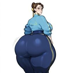 1girl 1girls ai_generated alternate_ass_size ass bbw big_ass blue_leggings chun-li cowboy_shot female female_only large_ass leggings light-skinned_female looking_over_shoulder massive_ass massive_butt massive_thighs pants pink_lips presenting_hindquarters simple_background solo solo_female solo_focus stable_diffusion street_fighter street_fighter_6 tights viewed_from_behind white_background