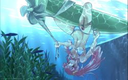 big_breasts bikini blush boat breasts breath_holding collarbone female female_only fish foxeye_(artist) foxeye_limited_game_collection game_cg holding_breath navel original pink_eyes pink_hair polon_(foxeye) slide_loop_puzzle solo solo_female thigh_belt tools twintails underwater upside-down watercraft