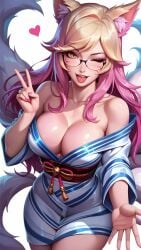 ahri ai_generated big_breasts breasts clavicle cleavage close-up collarbone cute focus glasses hands-free japanese_clothes japanese_clothing k/da_ahri k/da_all_out_series k/da_series large_breasts league_of_legends light light_skin nails one_eye_closed open_mouth peace_sign riot_games seducing seductive seductive_eyes seductive_gaze seductive_look seductive_mouth seductive_smile shiny_breasts shiny_hair shiny_skin simple_background sky4maleja smile tongue_out vastaya yukata