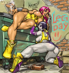 2015 2girls alien_girl ankle_boots ass athletic_female azarathian back_alley between_labia big_breasts bimbo bob_cut boots breasts calves cartoon_network cigarette dc dc_comics eyeshadow gauntlet high_heel_boots hoop_earrings incredible_quad innie_pussy kras krashzone lady_legasus large_breasts leg_day leotard licking_lips lipstick makeup miniskirt multiple_girls muscular_calves offscreen_character orange_skin rachel_roth raven_(dc) sideboob smoking starfire teen_titans teen_titans_go teenager thick_thighs toned_legs wide_hips yellow_leotard