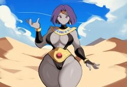 1female 1girl 2024 2d 2d_(artwork) ai_generated big_thighs black_leotard cameltoe cartoon_network costume curvaceous curvaceous_female curvaceous_thighs curvy_female curvy_figure curvy_hips dc dc_comics demon demon_girl demoness desert desert_background egyptian_clothes female grey_body grey_skin grey_skinned_female large_breasts leotard looking_at_viewer mullon novelai purple_hair purple_hair_female rachel_roth raven_(dc) revealing_clothes short_hair_female short_purple_hair solo solo_female teen_titans thick_thighs