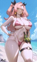 1girls ai_generated bikini breasts female green_eyes hi_res hips large_breasts light-skinned_female light_skin long_hair mocase nicole_demara pink_hair thick_thighs thighs wide_hips zenless_zone_zero