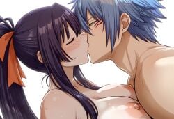 ai_generated akeno_himejima black_hair blue_hair crossover eye_closed fairy_tail high_school_dxd jellal_fernandes kissing romantic