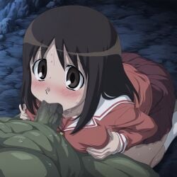 ai_generated azumanga_daiou blowjob cave fellatio female goblin goblin_male human human_female large_breasts light-skinned_female light_skin male male/female oral oral_sex orc orc_male osaka_ayumu_kasuga paizuri