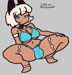 1futa bikini blue_eyes cat_ears cjao_07 dark-skinned_female dark_skin futa_only futanari hairy hairy_pussy nadia_fortune naked naked_female necklace scars self_upload short_hair skullgirls solo squatting white_hair