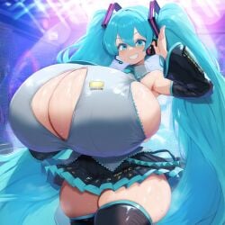 ai_generated alternate_breast_size armpits big_breasts blue_eyes blue_hair breast_cutout breasts breasts_bigger_than_head center_opening cleavage detached_sleeves gigantic_breasts hatsune_miku huge_breasts hyper_breasts large_breasts miniskirt sideboob skindentation skirt sleeveless sleeveless_shirt sweat thick_thighs twintails vocaloid wardrobe_malfunction