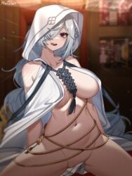 :q artist_name bare_shoulders blurry blurry_background bookshelf bottomless breasts chains cloak collarbone commentary counter:side depth_of_field dot_nose female gold_chain grey_hair groin hair_over_one_eye highres hood hooded_cloak large_breasts long_hair looking_at_viewer magnet_(akwlspt) merlin_(counter:side) naked_cloak navel one_eye_covered open_mouth purple_eyes sitting solo spread_legs stomach teeth tongue tongue_out upper_teeth_only white_cloak