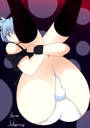 1boy assassination_classroom big_ass blue_eyes bulge_through_clothing femboy human male male_only off_shoulder panties presenting_hindquarters shiota_nagisa short_hair simple_background slime_scheme solo tagme thick_thighs