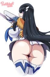 1girls 2023 2d alternate_version_available angry artist_name artist_signature ascot ass big_ass big_breasts black_hair blue_eyes breasts breasts_bigger_than_head clothed clothed_female dat_ass disgusted exposed_ass female heavenly_ass hips huge_ass kill_la_kill kiryuuin_satsuki long_hair looking_at_viewer looking_back looking_back_at_viewer no_panties radlionheart shirt sideboob skirt skirt_up solo source standing sword thick_thighs thighhighs white_background wide_hips