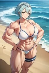 1girls abs ai_generated arm beach bikini blue_hair broad_shoulders busty cleavage dagr_(fire_emblem) female fire_emblem fire_emblem_heroes grey_eyes hands_on_hips huge_breasts light_blue_eyes light_blue_hair muscles muscular muscular_female pixai seaside self_upload silver_eyes smile strap thick_thighs thigh_strap thong tomboy wet white_bikini white_bra white_thong wide_hips