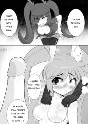 1futa 2girls bodysuit cock comic fate_testarossa female futa_on_female futanari imminent_sex lyrical_nanoha magical_girl magical_girl_outfit mahou_shoujo_lyrical_nanoha manga manga_page monochrome nanoha_takamachi onion_jigoku original_character penis_awe self_upload wasp_girl_(onion_jigoku)