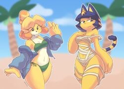 2girls animal_crossing ankha ankha_(animal_crossing) anthro belly belly_button blush breasts buttercolors female female_only isabelle_(animal_crossing) nintendo