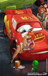 alx_(fuckit) areolae ass bikini breasts busty cars_(film) carwash crossover female hanna-barbera hourglass_figure judy_jetson kiss kissing lightning_mcqueen nipples pebbles_flintstone red_hair smurfette tagme the_flintstones the_jetsons white_hair wide_hips yuri